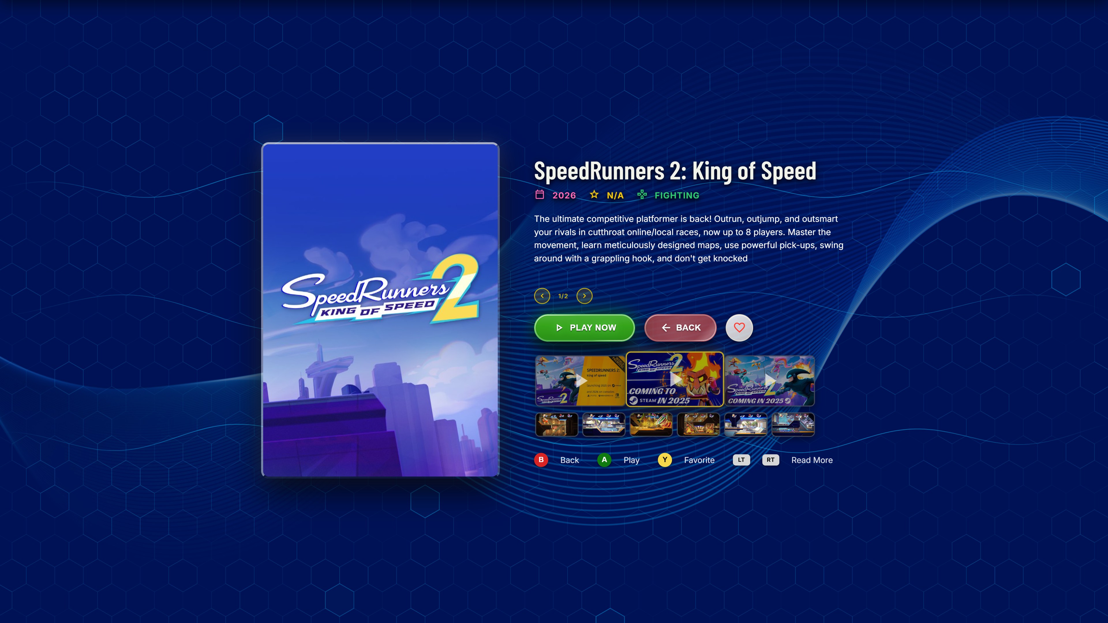 A game details page with cover art, description and the play button