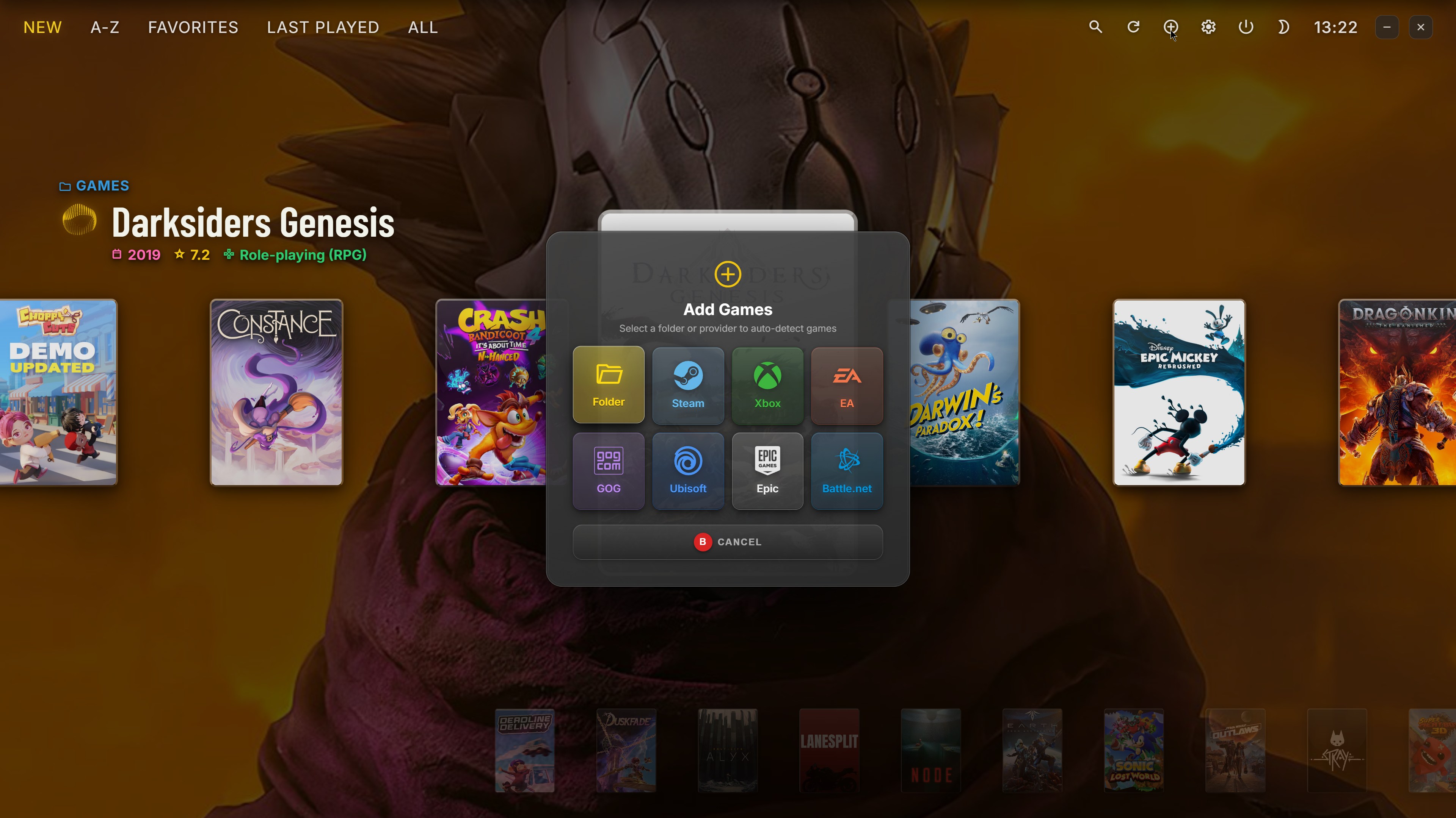 Add Games screen with import cards for Steam, Xbox, Epic, GOG, EA and Ubisoft
