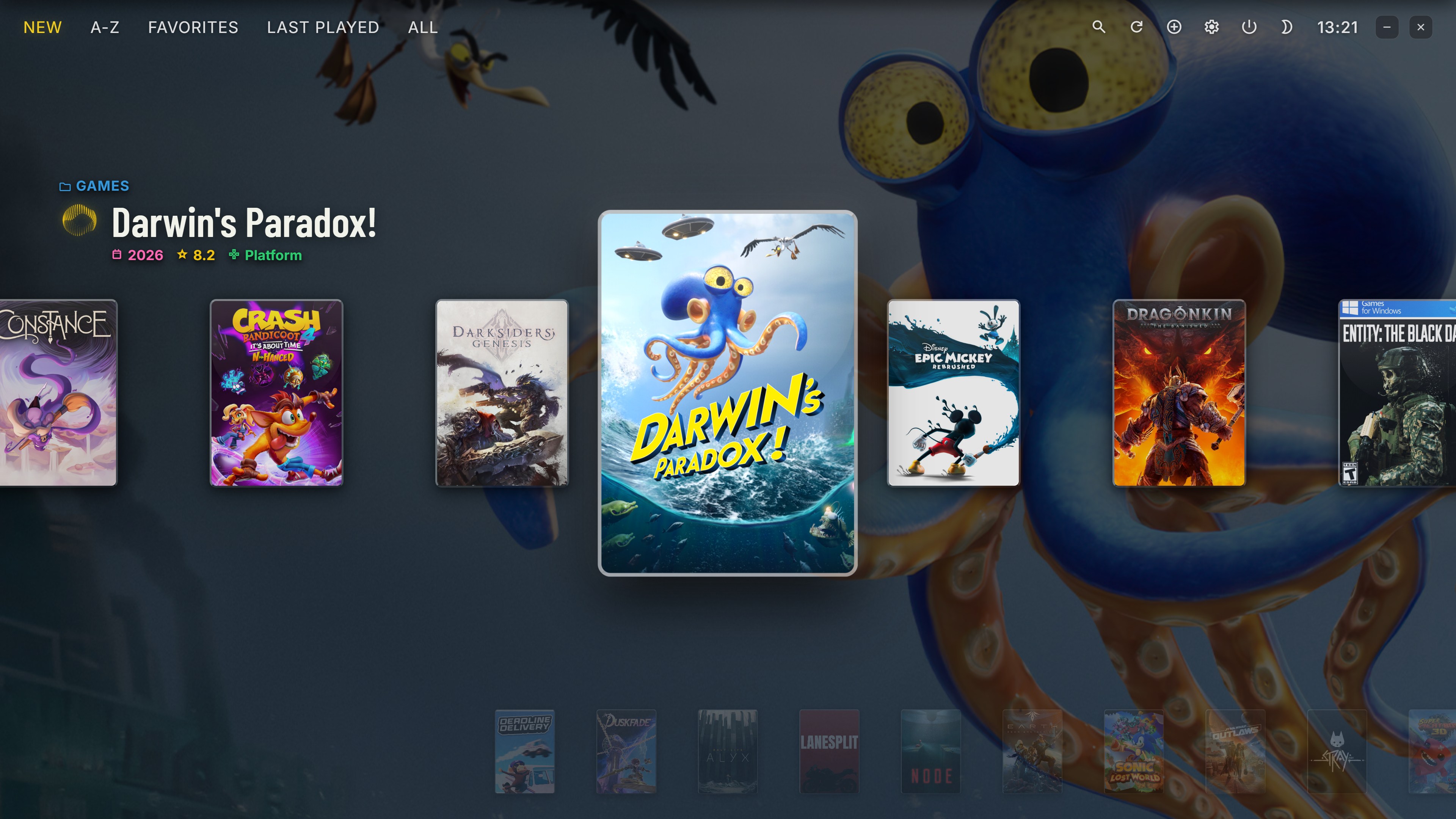 The PlayfinityOS library as a wall of game covers, Darwin's Paradox selected