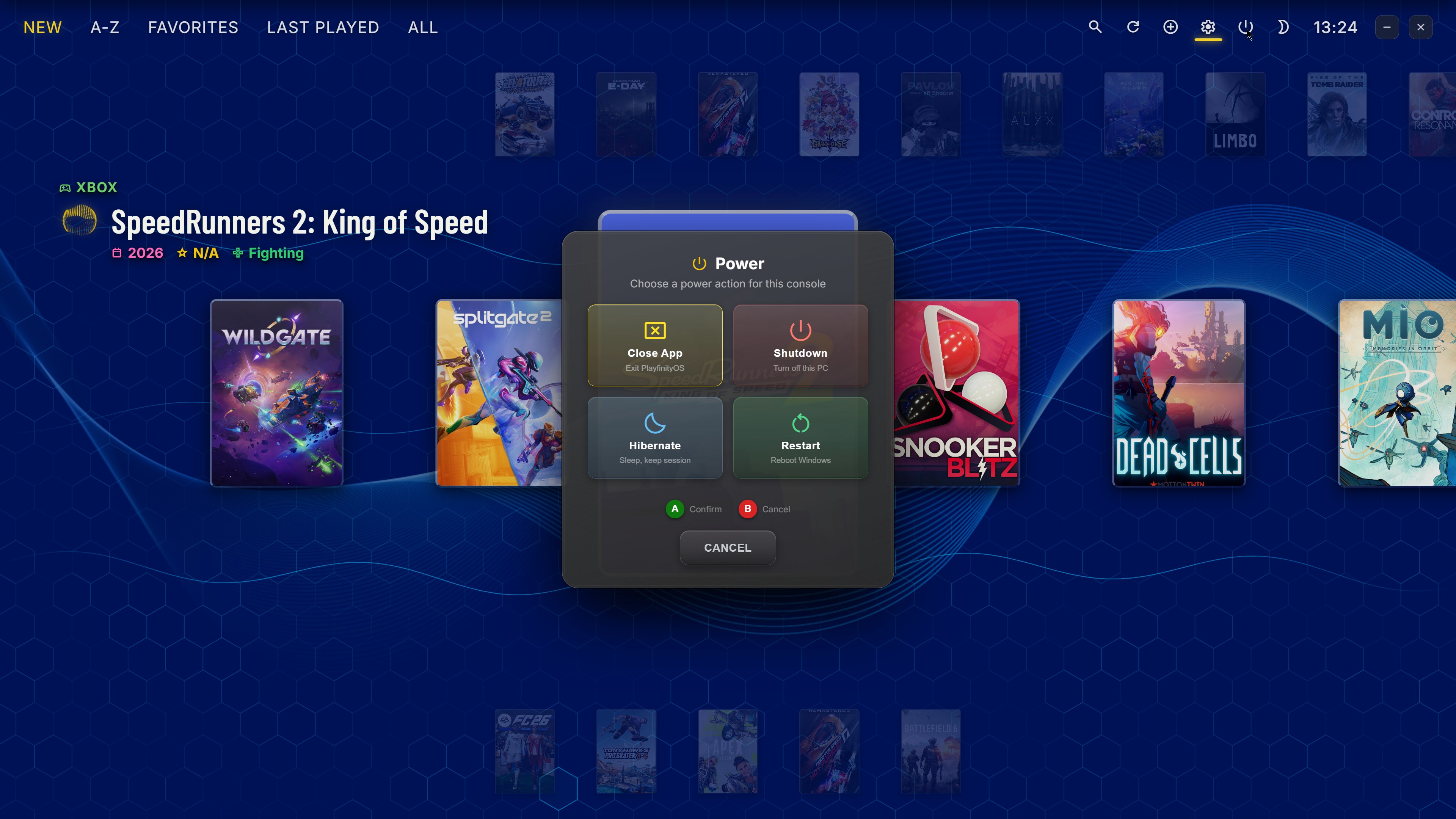 The power options overlay in the console shell