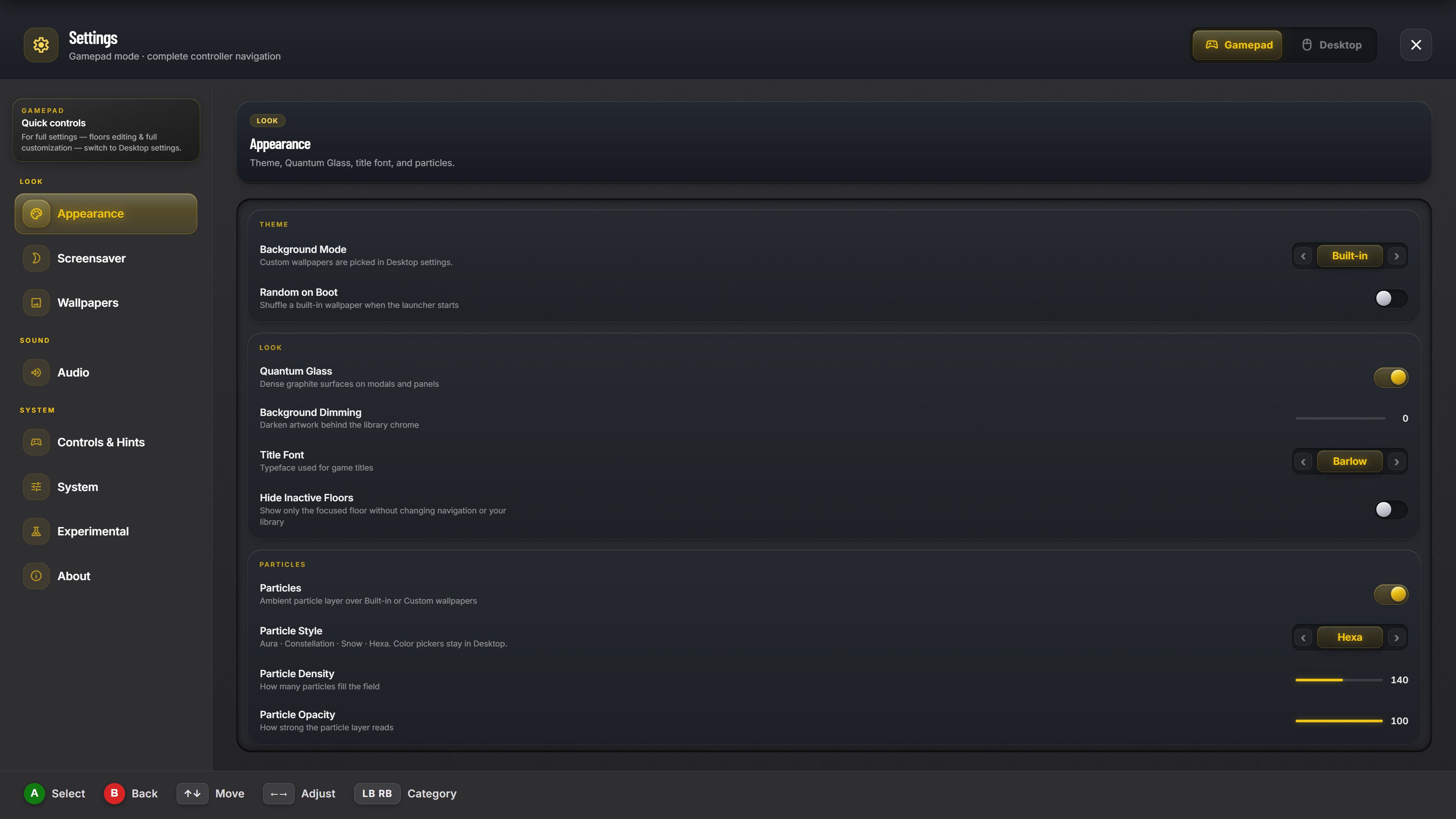 Settings with theme, Quantum Glass and particles options